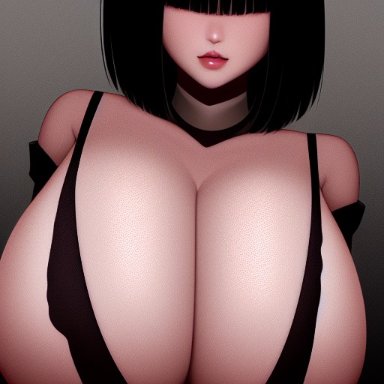 stable diffusion, big breasts, black hair, black clothing, open clothes, red lips, bob cut, eyes closed, simple background