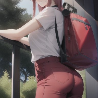 chainsaw man, makima (chainsaw man), red hair, red pants, ass, ai generated
