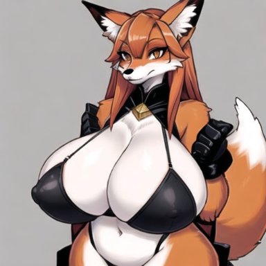 fox, fox girl, fox tail, furry, fox ears, furry female, black bikini, bikini, gloves, fox female, fur, long hair, orange hair, huge breasts, huge boobs