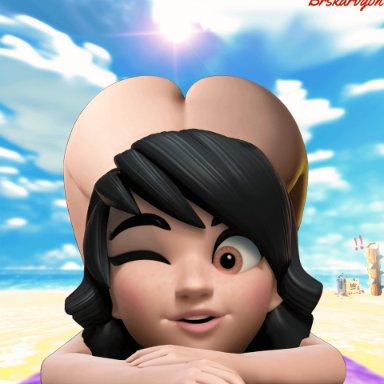 clash royale, princess (clash royale), beach, black hair, brown eyes, freckles on face, looking at viewer, nude female, princess, public nudity, public exposure, sand, sky, sunlight, winking at viewer