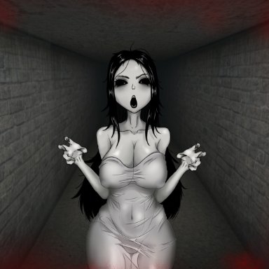 slendrina, female, 1girl, white skin, white body, black hair, black eyes, translucent clothing, open mouth, ghost, ghost girl, hallway, thick thighs, big breasts, horror
