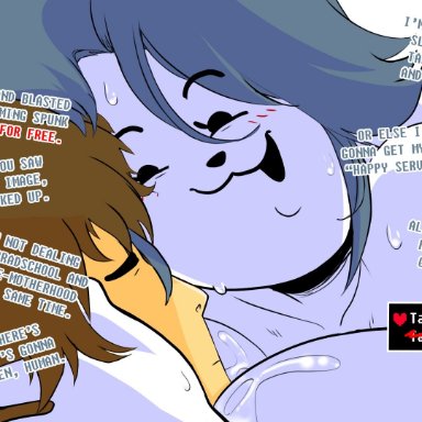 undertale, frisk (undertale), temmie (undertale), fakeryway, pleasure castle, anthro, close-up, dangerous day, hair grab, impregnated, impregnation request, knocked up, large breasts, take responsibility, threatening