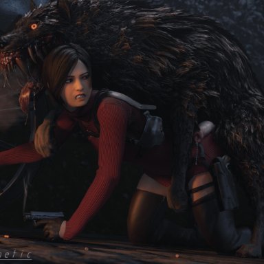 resident evil, resident evil 4, resident evil 4 remake, ada wong, colmillos (resident evil), sinthetic, all fours, black fur, black hair, breath, canine, canine penis, dress, from behind, glowing eyes