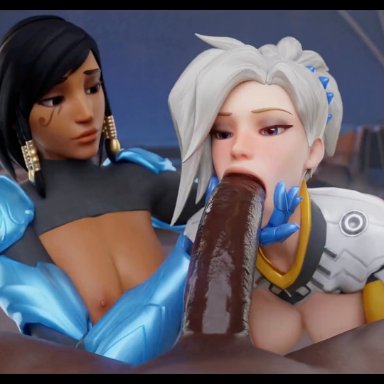 blizzard entertainment, overwatch, overwatch 2, angela ziegler, mercy, pharah, aphy3d, 1boy, 2girls, ass, assisted fellatio, assisted oral, athletic, athletic female, big ass