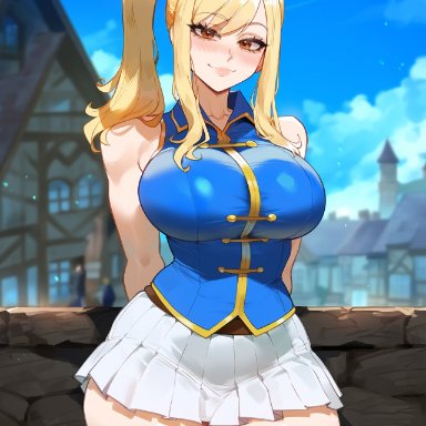 fairy tail, lucy heartfilia, creamy ai, blonde hair, brown eyes, curvy, large breasts, thick thighs, wide hips, ai generated, thiccwithaq (ai style)