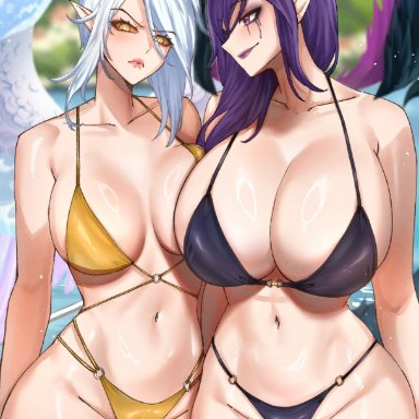 league of legends, riot games, kayle, morgana, ryuukusnpaiarts, 2girls, annoyed, annoyed expression, big breasts, bikini, breast envy, breast size comparison, breast size difference, breasts, cleavage