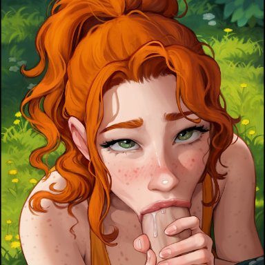 stardew valley, robin (stardew valley), aroma sensei, blowjob, blush, clothed, clothing, fellatio, green eyes, hand on penis, looking at viewer, penis, red hair, sucking, sucking penis