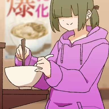 momo no suidou-sui, blunt bangs, breast expansion, chair, collapse, eating, falling over, gigantic breasts, hair intakes, hair over eyes, hyper, hyper breasts, ramen, restaurant, short ponytail