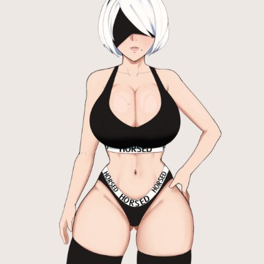 nier, nier: automata, yorha 2b, g3mma, 1girls, android, android girl, blindfold, breasts, female, horsed, huge breasts, light skin, light-skinned female, panties