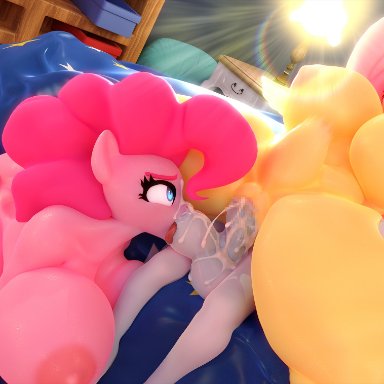 my little pony, fluttershy (mlp), pinkie pie (mlp), dduns, snuddy, age difference, ahe gao, anthro, ass, ball sucking, ball worship creampie, balls, bed, breasts, bulge