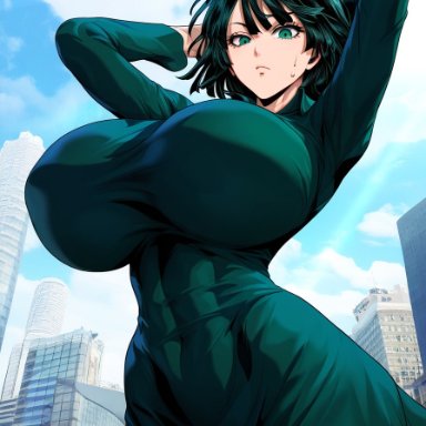 one-punch man, fubuki (one-punch man), arms above head, arms up, breasts bigger than head, city, city background, flaunting, gravity defying breasts, green dress, green eyes, green hair, hands behind head, huge breasts, impossible clothes