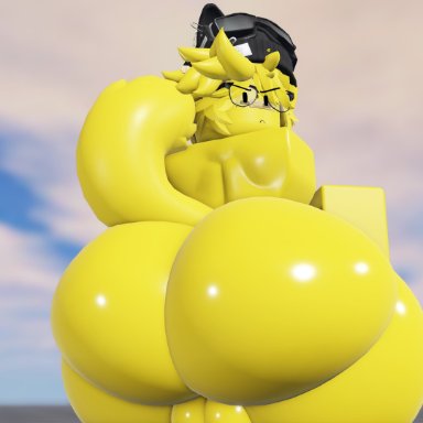 roblox, noob, robloxian, caffinatedbuns, 1boy, ass, femboy, furry, gay, looking at viewer, solo male, yellow body, 3d