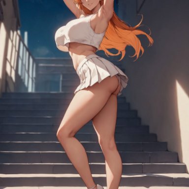 bleach, inoue orihime, alex-schura, 1girls, alley, alternate costume, arms behind head, arms up, ass, ass focus, bare ass, bare shoulders, bare thighs, big breasts, blush