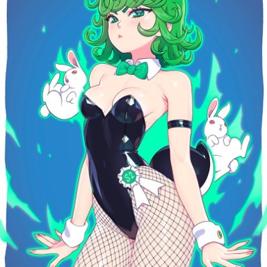 one-punch man, tatsumaki, kajinman, 1girls, bare arms, bare shoulders, blush, breasts, bunny ears, bunny tail, bunnysuit, clothed, clothing, female, female focus