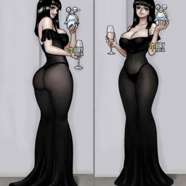 one piece, nico robin, iury padilha, 1girls, ass, bare shoulders, black dress, black hair, busty, champagne, champagne glass, cleavage, female, female only, hips