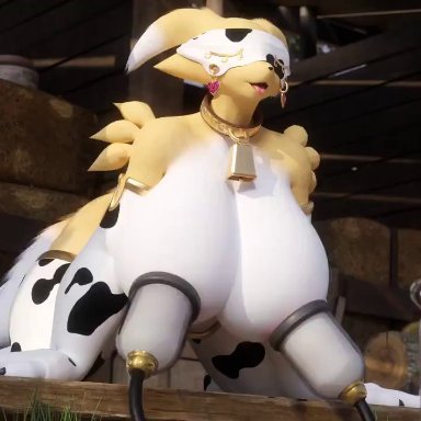 digimon, renamon, dividebyzero, big breasts, breasts, cow print, female, furry, huge breasts, milk, milking, milking machine, solo, thick thighs, wide hips