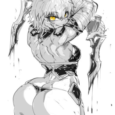 fate (series), fate/apocrypha, jack the ripper (fate/apocrypha), thegoldensmurf, barely clothed, blades, creepy smile, golden eyes, holding object, holding weapon, huge ass, muscular female, pear-shaped figure, shortstack, small female
