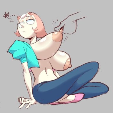 steven universe, gem (species), pearl (steven universe), thehoeartist, 1girls, abdomen, big breasts, boobs, braless, breasts, female, nipples, no bra, partially clothed, pinching nipples