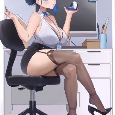 hololive, hololive english, hololive english -council-, hololive english -promise-, ouro kronii, archinoer, 1girls, blue eyes, blue hair, breasts, clothed, female, huge breasts, light skin, light-skinned female