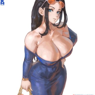 one piece, shounen jump, nico robin, howxen, 1girls, bare shoulders, big breasts, black hair, blue eyes, clothed, clothing, female, female focus, female only, large breasts