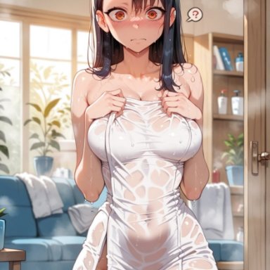 please don't bully me, nagatoro, hayase nagatoro, a1exwell, after bath, alternate ass size, alternate breast size, blush, confused, female, indoors, naked, steam, towel, towel only, wet