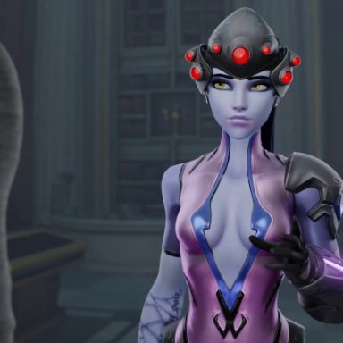 blizzard entertainment, overwatch, overwatch 2, widowmaker, aphy3d, bordeaux black, 1boy1girl, 1girls, 2boys, big breasts, big penis, breasts, clothed, clothed female nude male, facefuck