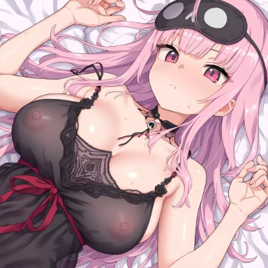 hololive, hololive english, mori calliope, ai-generated, blush, breasts, collarbone, dress, evening gown, eye mask, female, large breasts, looking at viewer, lying, mori calliope (sleepwear)