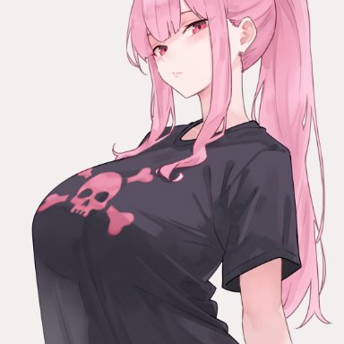 hololive, hololive english, mori calliope, bluefield, 1girls, breasts, female, huge breasts, light skin, light-skinned female, long hair, pink eyes, pink hair, ponytail, shirt overhang
