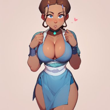 avatar the last airbender, katara, 1girls, alternate breast size, blue dress, cleavage, female, female only, human, large breasts, solo, ai generated