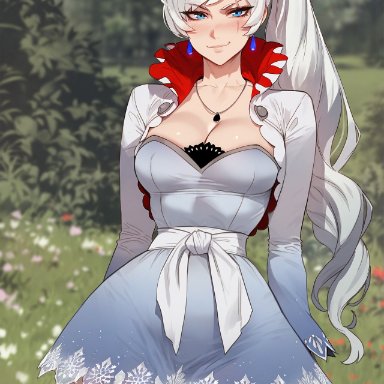 rwby, weiss schnee, floox, 1girls, blue eyes, breasts, female, female only, large breasts, light skin, light-skinned female, long hair, naughty face, thick thighs, white hair