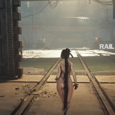 stellar blade, eve (stellar blade), asian female, ass, ass focus, ass shake, black hair, bodysuit, bouncing breasts, breasts, breedable, child bearing hips, erect nipples under clothes, exhibitionism, ponytail