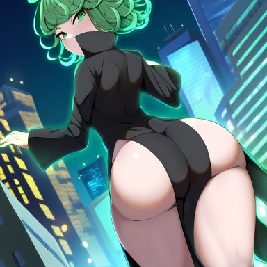 one-punch man, tatsumaki, 1girls, ass, ass cleavage, back view, big ass, big butt, black dress, city, clothed, clothed female, clothing, curly hair, dat ass