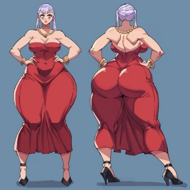 black clover, noelle silva, niduscharger, 1girls, big ass, female, female only, high heels, purple eyes, red dress, silver hair, solo, taller girl, thick thighs, twintails