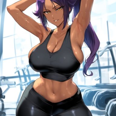 bleach, shihouin yoruichi, yeeting, 1girls, bare arms, bare legs, bare shoulders, bare thighs, big breasts, clothed, clothing, dark skin, dark-skinned female, female, female focus