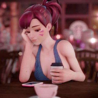 blizzard entertainment, overwatch, d.va, sombra, discko, 2girls, areola, asian, breasts, cleavage, clothed masturbation, clothing, coffee, cup, curvy