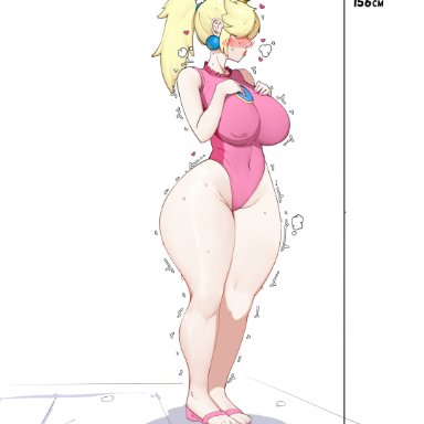mario (series), nintendo, princess peach, puri (wettypeach), 1girls, barefoot, big breasts, blonde hair, blush, breasts, busty, child bearing hips, clothes, covered erect nipples, covered navel