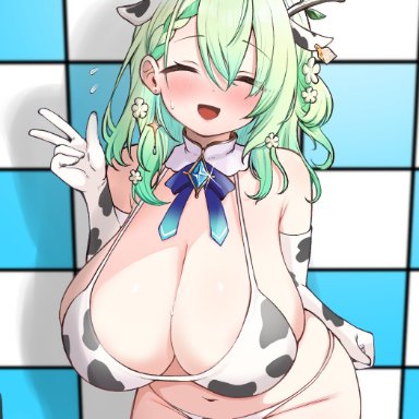 hololive, hololive english, ceres fauna, kani bonara, blush, closed eyes, clueless, cow ears, cow girl, cow print, cow print armwear, cow print bikini, cow print thighhighs, embarrassed, full-face blush