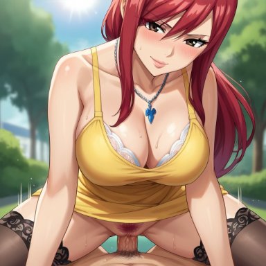 fairy tail, erza scarlet, payop, breasts focus, large breasts, necklace, pov, stockings, straddling, vaginal sex, ai generated, pony diffusion xl