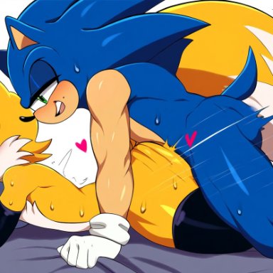 sonic (series), sonic the hedgehog (series), sonic the hedgehog, tails the fox, bedroom, big ass, doggy style, elbow gloves, femboy, furry, gay, gloves, muscular male, sex, thighhighs