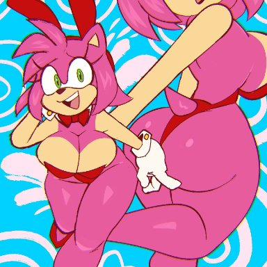 sonic (series), sonic the hedgehog (series), amy rose, monamania, 1girls, abstract background, anthro, ass, big breasts, breasts, bunny ears, bunny girl, bunnysuit, busty, calves