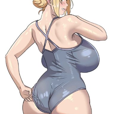 naruto, naruto (series), tsunade, delta26, 1girls, adjusting clothes, ass, back, bare shoulders, big breasts, blonde hair, breasts, female, from behind, huge ass