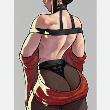 spy x family, yor briar, yor forger, stopu, 1girls, ass, back, backless outfit, black hair, blush, earrings, female, hairband, huge ass, jewelry