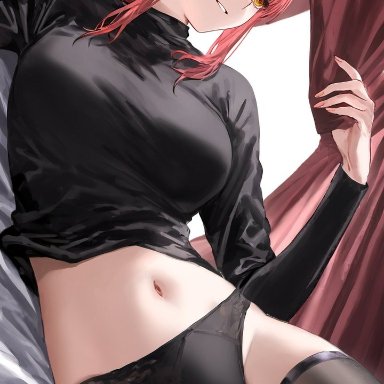 chainsaw man, makima (chainsaw man), 1girls, bed, belly button, curtains, lying, panties, red hair, shirt, solo, stockings, sweater, underwear, yellow eyes