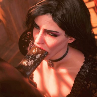 cd projekt red, the witcher (series), the witcher 3: wild hunt, yennefer, cinderdryadva, pewposterous, 1boy, 1girls, balls, beauty mark, big penis, black hair, blowjob, blowjob face, bouncing breasts