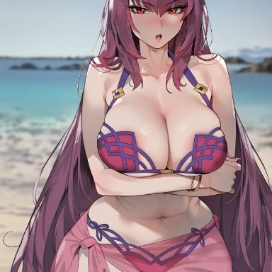 fate (series), fate/grand order, scathach (fate), scathach (swimsuit assassin), floox, 1girls, beach, breasts, female, hips, huge breasts, light skin, light-skinned female, long hair, naughty face
