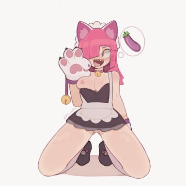 brawl stars, supercell, colette (brawl stars), pinku pawlette, xyraabs, 1girls, bell collar, breasts out, cat ears, female, female only, kneeling, maid uniform, paws, pink hair
