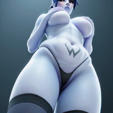 overwatch, overwatch 2, widowmaker, itsneilart, big breasts, blue skin, from below, gstring, high socks, indoors, solo, thong, ai generated, low-angle view