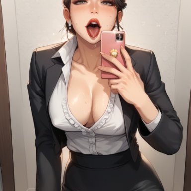 landlord's little daughter, queen bee (manwha), ami ahn (queen bee), mrs. ahn, sun young jang (queen bee), 1girls, adult, adult female, amber eyes, asian, asian female, big breasts, black blazer, black hair, breasts