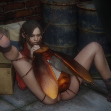 resident evil, claire redfield, radroach, insektum, macstarva, boots, bottomless, clothed, cockroach, insectophilia, insects, interspecies, leg up, legs apart, ovipositor