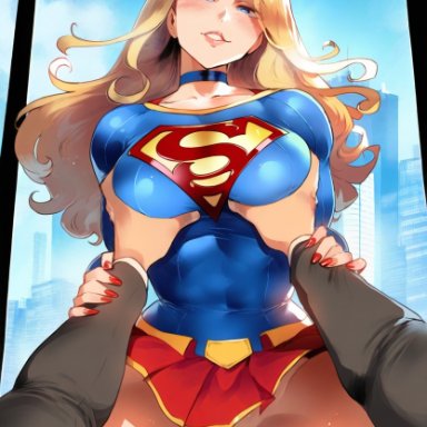 dc, dc comics, superman (series), kara danvers, kara zor-el, supergirl, tittyg-ai, 1boy, 1girls, big breasts, blonde, blonde hair, blue eyes, breasts, clothed sex